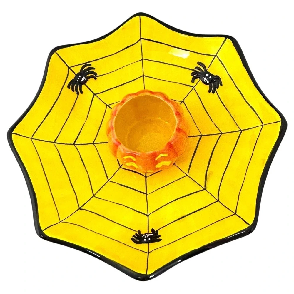Dennis East Halloween Jack-o-Lantern Spiderweb Candy Dish‎ Chip & Dip Bowl 2005